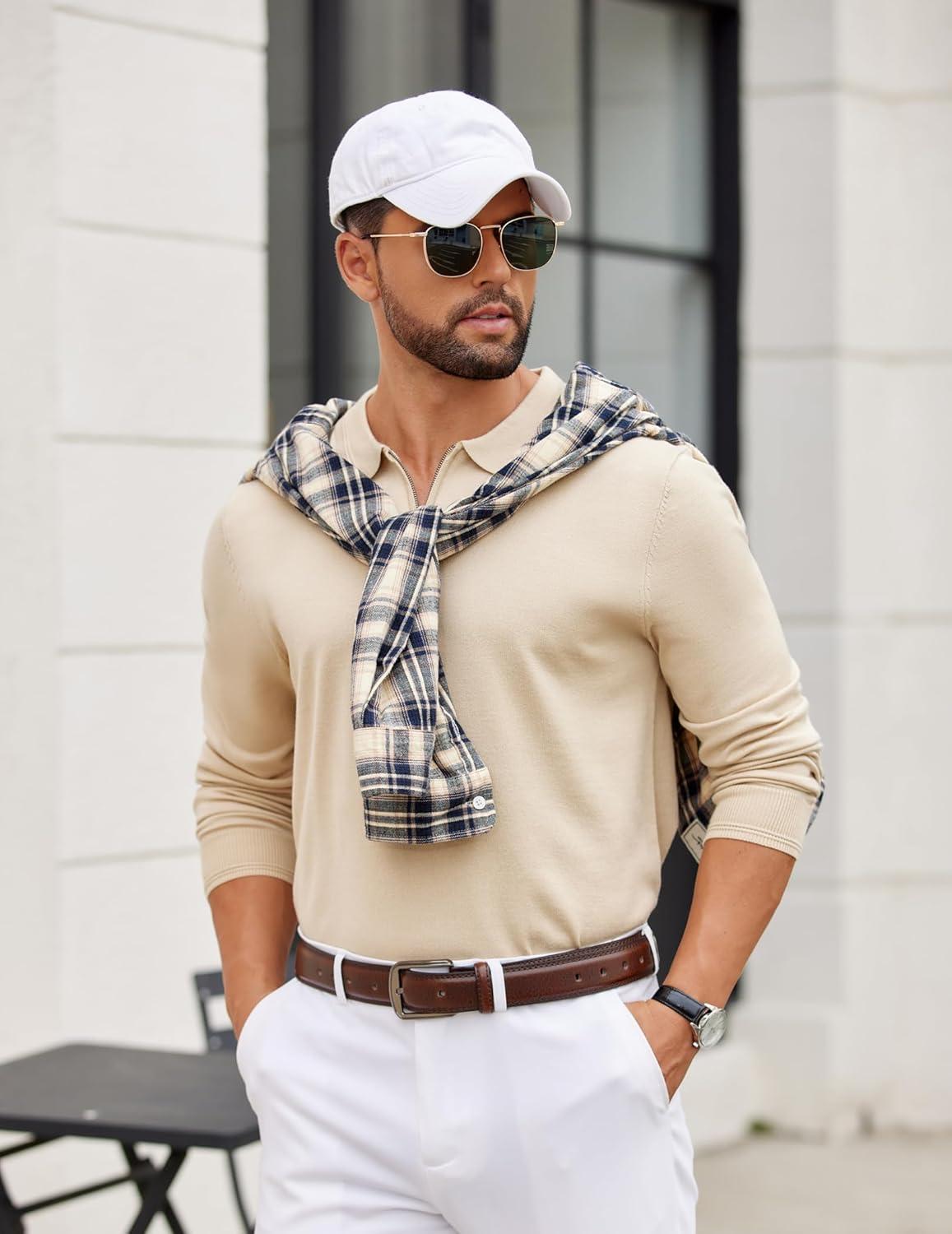 imageCOOFANDY Mens Quarter Zip Polo Sweater Long Sleeve Knit Polo Casual Lightweight Dress PulloverKhaki