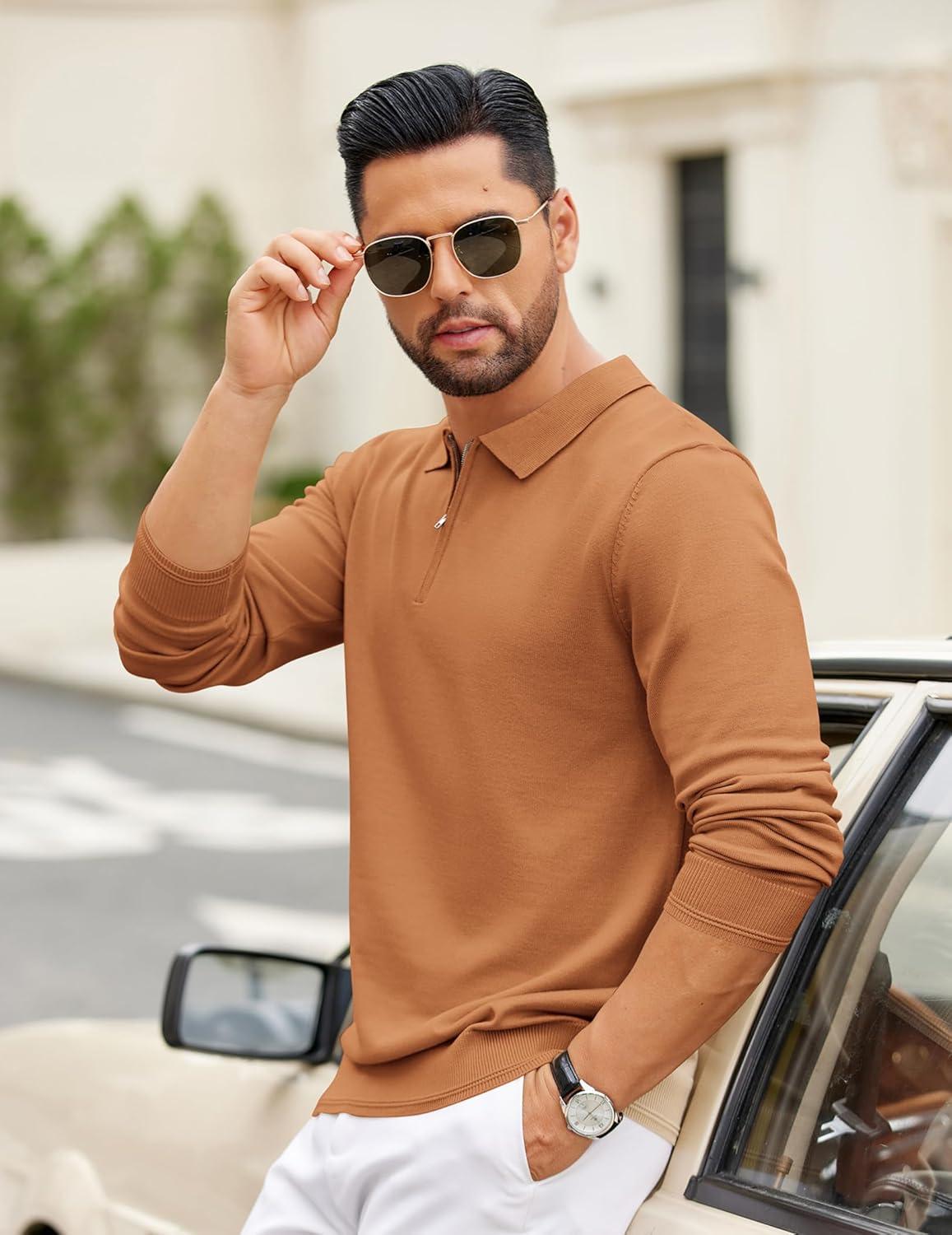 imageCOOFANDY Mens Quarter Zip Polo Sweater Long Sleeve Knit Polo Casual Lightweight Dress PulloverLight Brown