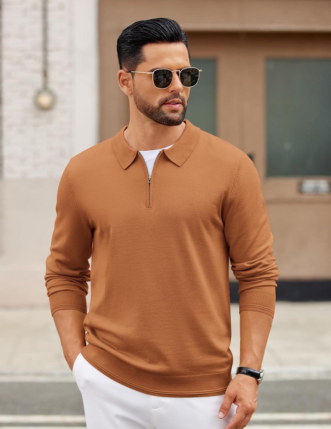 imageCOOFANDY Mens Quarter Zip Polo Sweater Long Sleeve Knit Polo Casual Lightweight Dress PulloverLight Brown