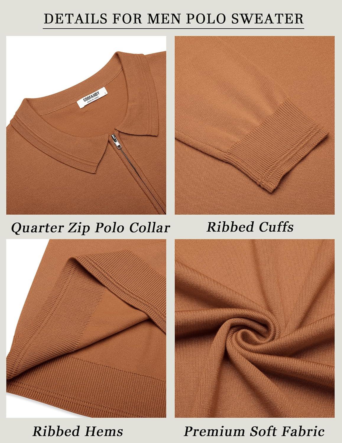 imageCOOFANDY Mens Quarter Zip Polo Sweater Long Sleeve Knit Polo Casual Lightweight Dress PulloverLight Brown