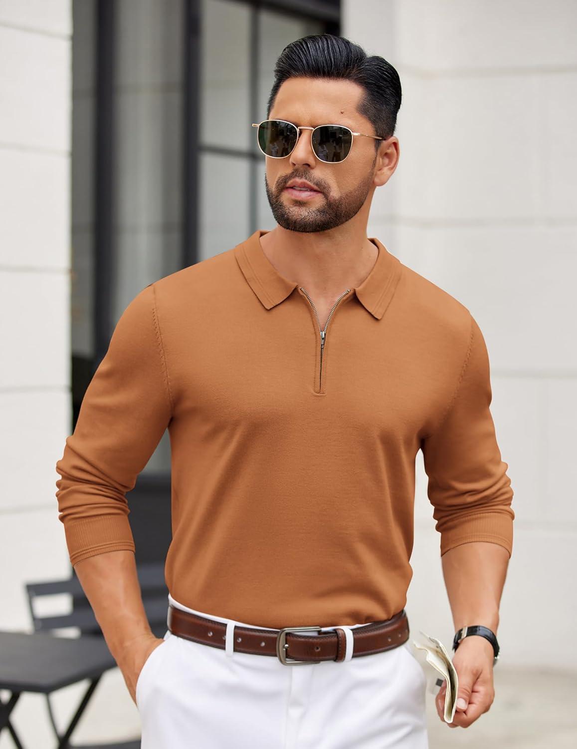 imageCOOFANDY Mens Quarter Zip Polo Sweater Long Sleeve Knit Polo Casual Lightweight Dress PulloverLight Brown