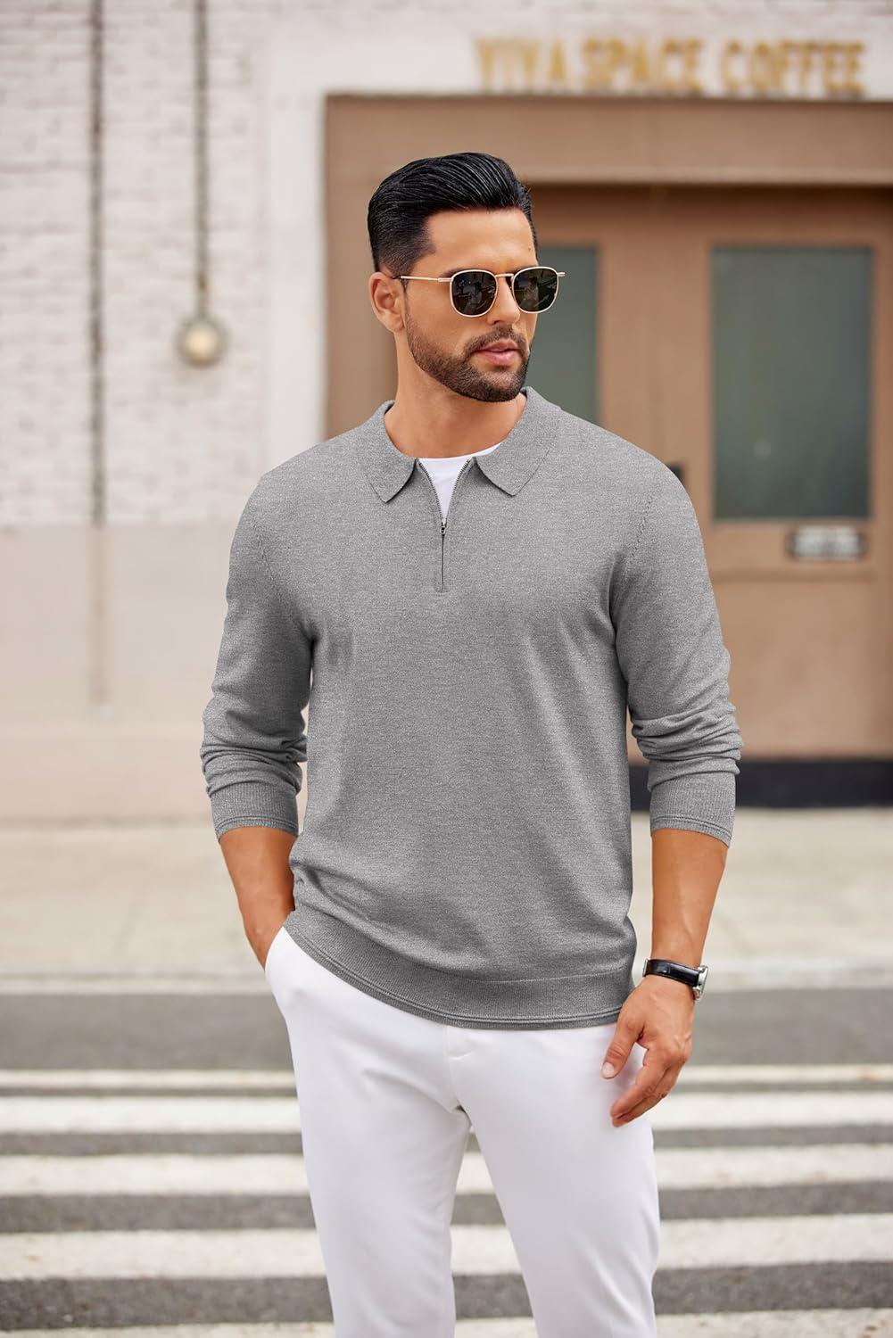 imageCOOFANDY Mens Quarter Zip Polo Sweater Long Sleeve Knit Polo Casual Lightweight Dress PulloverLight Gray