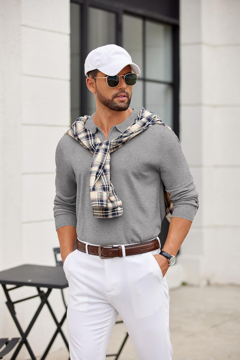 imageCOOFANDY Mens Quarter Zip Polo Sweater Long Sleeve Knit Polo Casual Lightweight Dress PulloverLight Gray