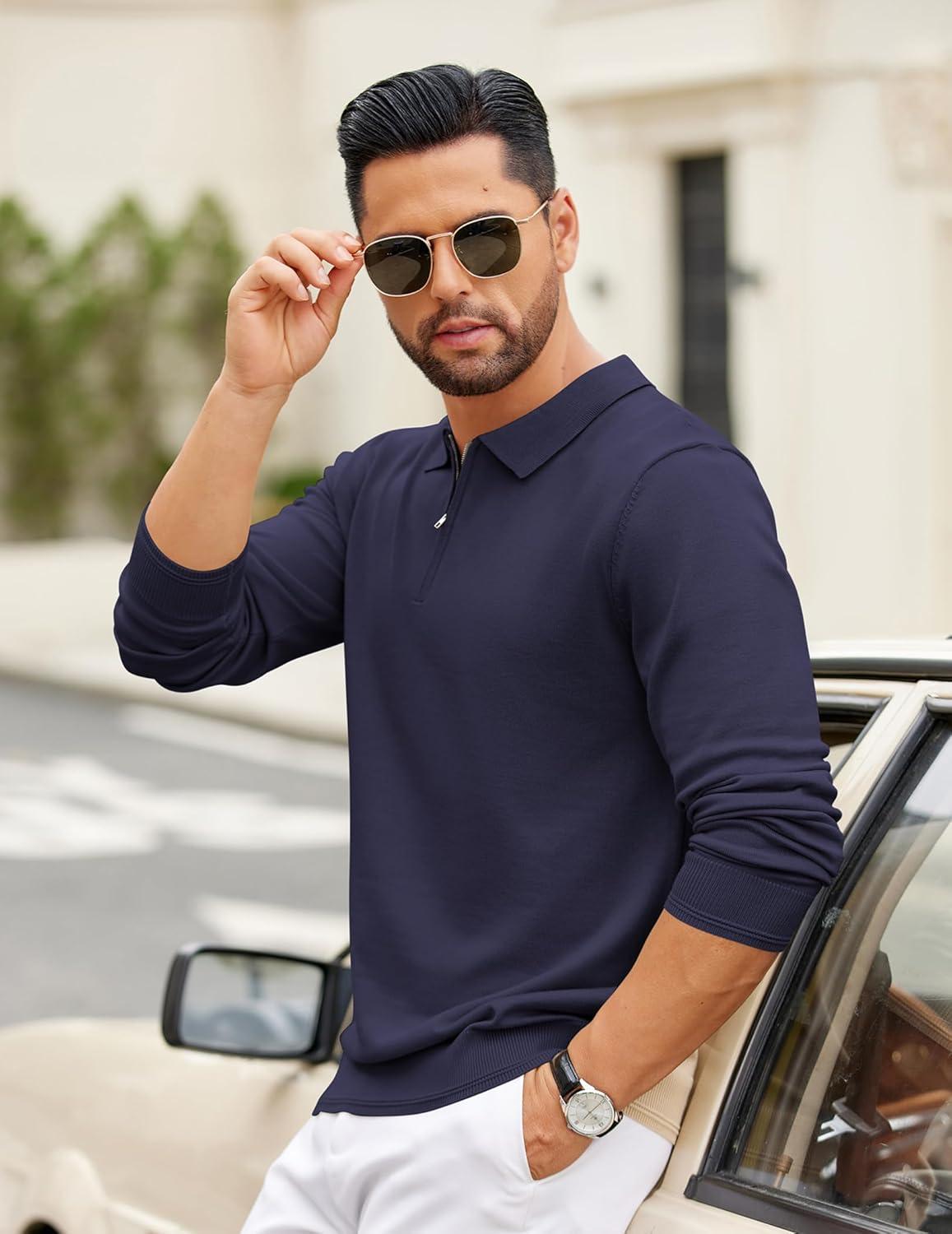 imageCOOFANDY Mens Quarter Zip Polo Sweater Long Sleeve Knit Polo Casual Lightweight Dress PulloverNavy Blue