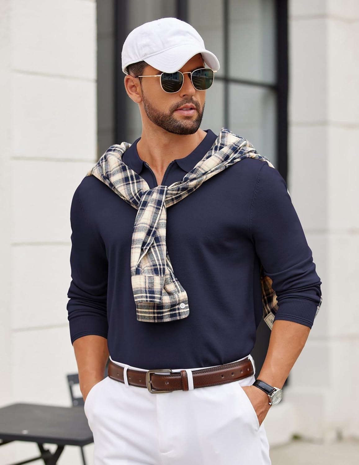 imageCOOFANDY Mens Quarter Zip Polo Sweater Long Sleeve Knit Polo Casual Lightweight Dress PulloverNavy Blue