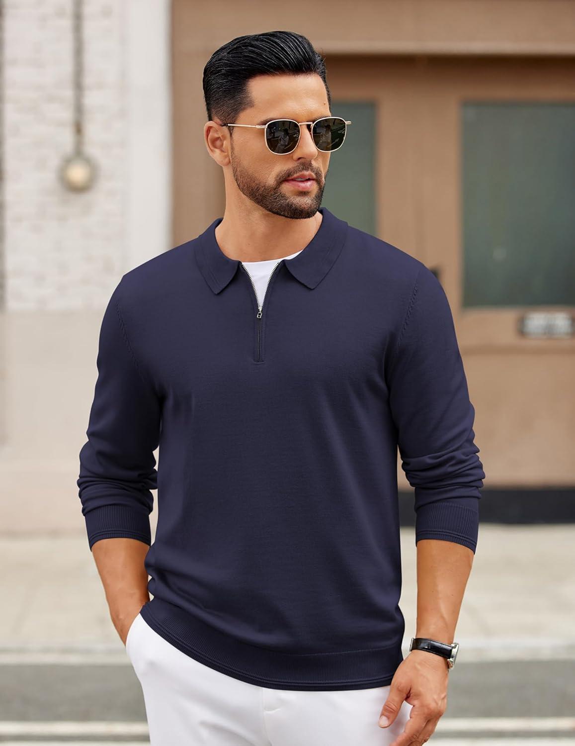 imageCOOFANDY Mens Quarter Zip Polo Sweater Long Sleeve Knit Polo Casual Lightweight Dress PulloverNavy Blue