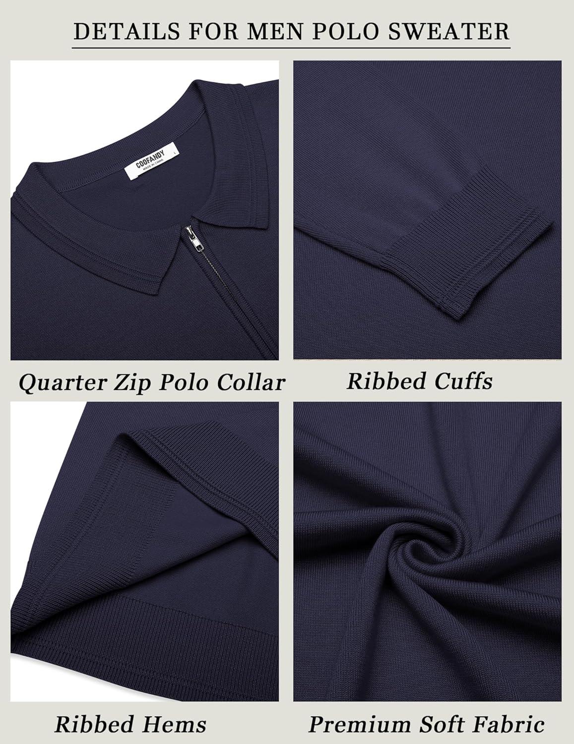 imageCOOFANDY Mens Quarter Zip Polo Sweater Long Sleeve Knit Polo Casual Lightweight Dress PulloverNavy Blue