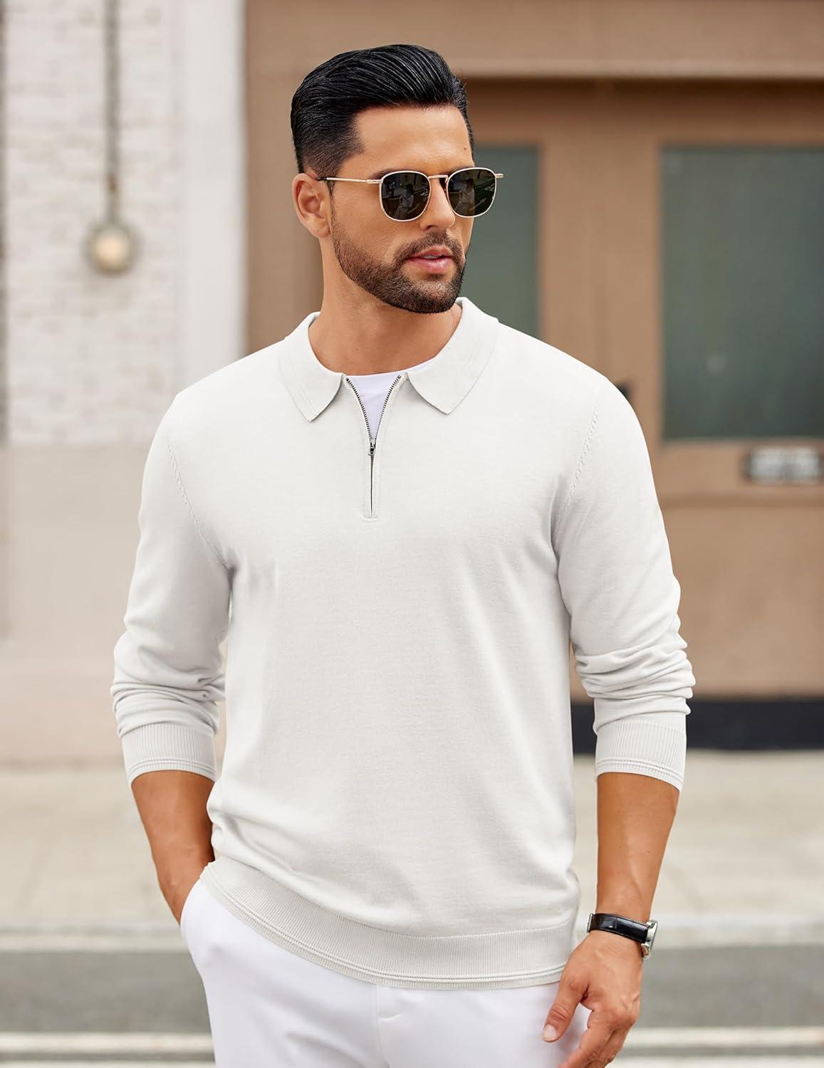 imageCOOFANDY Mens Quarter Zip Polo Sweater Long Sleeve Knit Polo Casual Lightweight Dress PulloverWhite