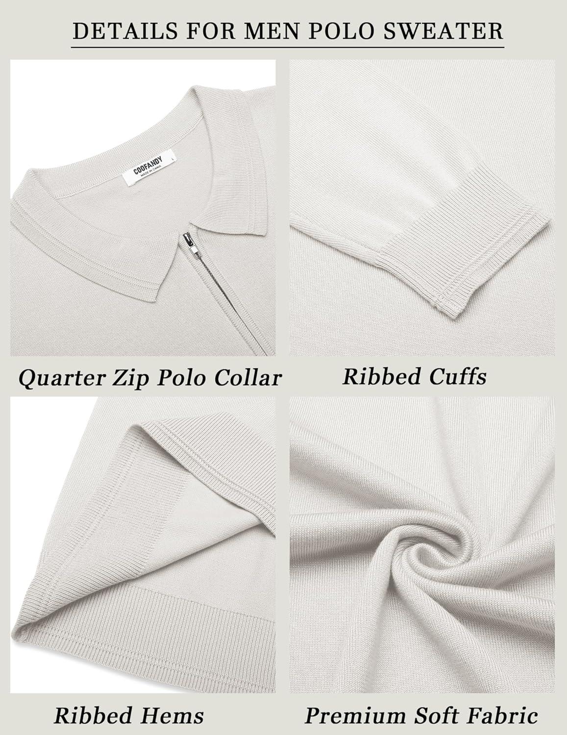 imageCOOFANDY Mens Quarter Zip Polo Sweater Long Sleeve Knit Polo Casual Lightweight Dress PulloverWhite