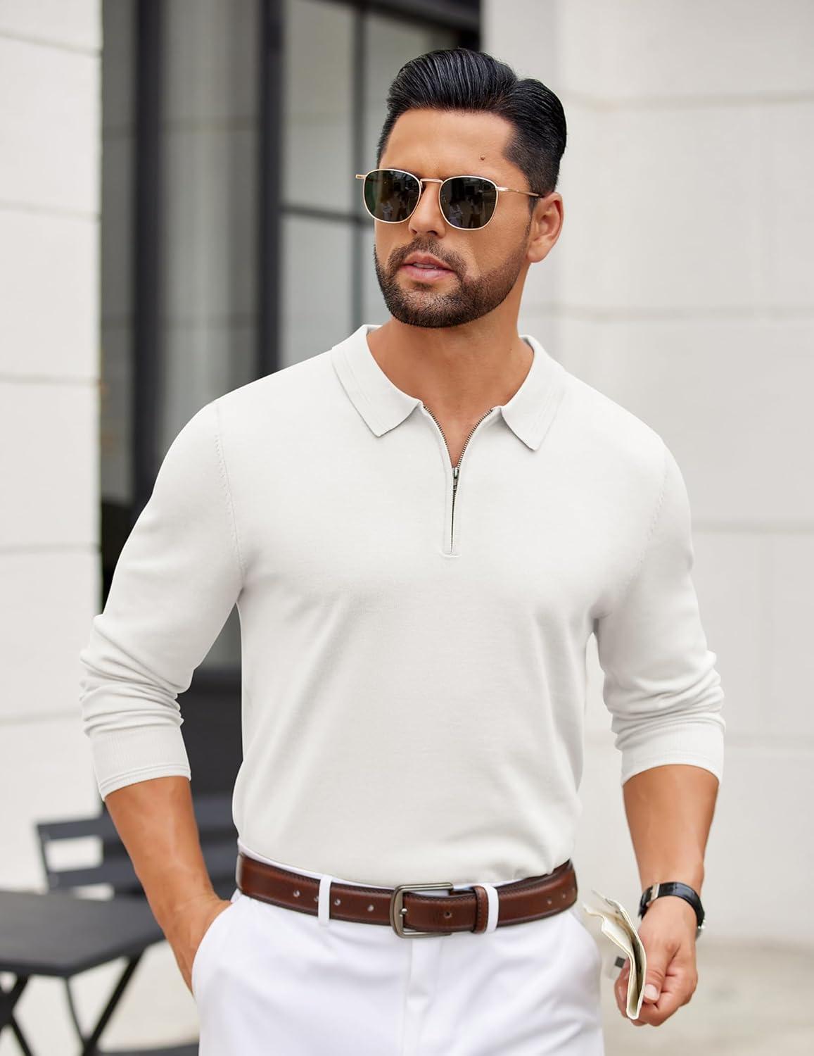 imageCOOFANDY Mens Quarter Zip Polo Sweater Long Sleeve Knit Polo Casual Lightweight Dress PulloverWhite