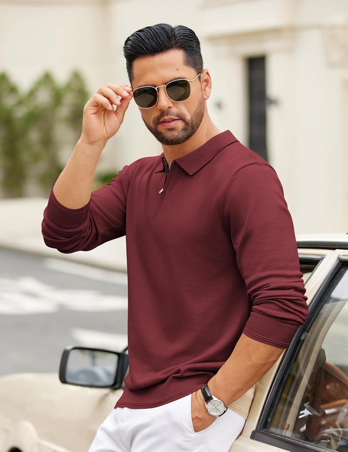 imageCOOFANDY Mens Quarter Zip Polo Sweater Long Sleeve Knit Polo Casual Lightweight Dress PulloverWine Red