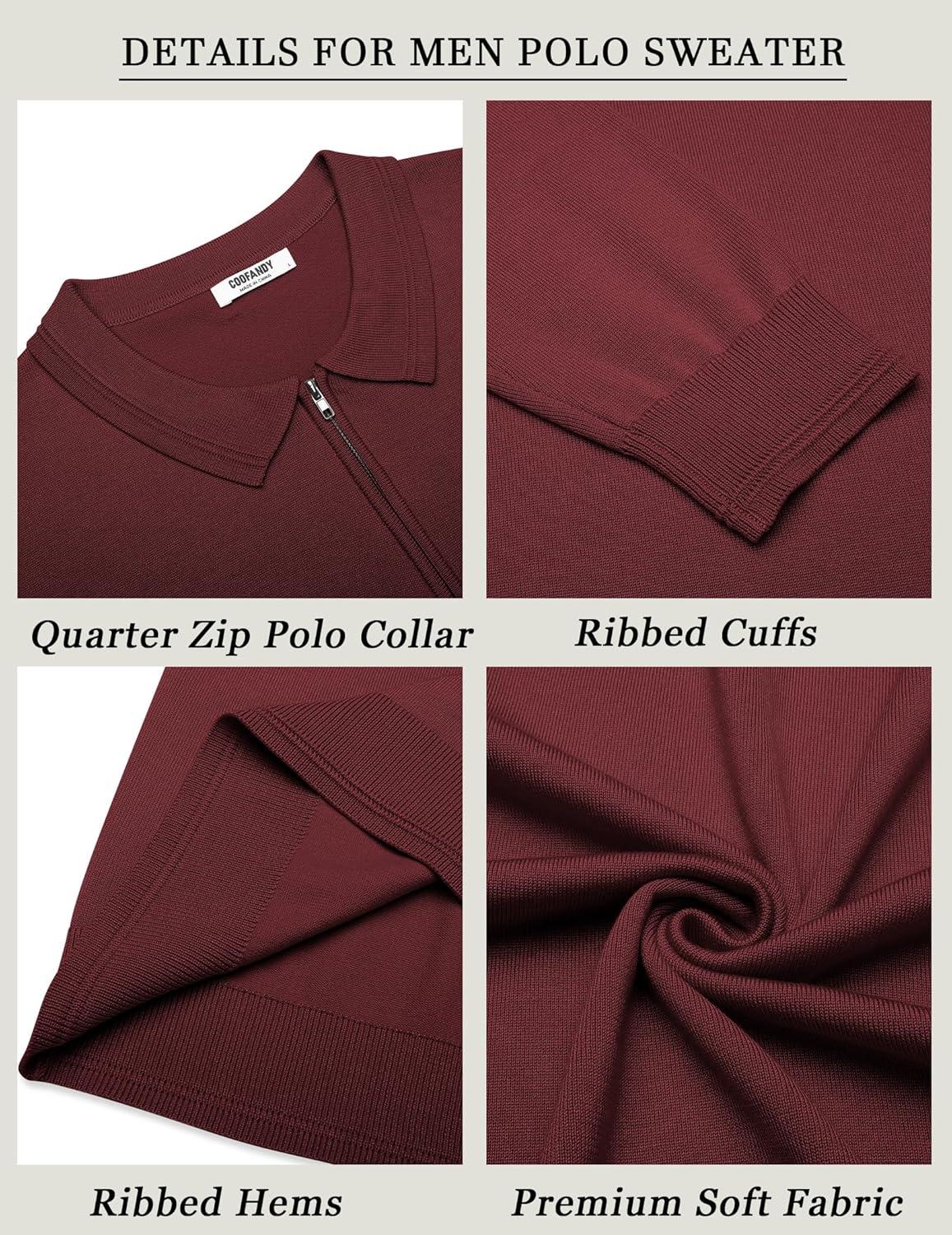 imageCOOFANDY Mens Quarter Zip Polo Sweater Long Sleeve Knit Polo Casual Lightweight Dress PulloverWine Red