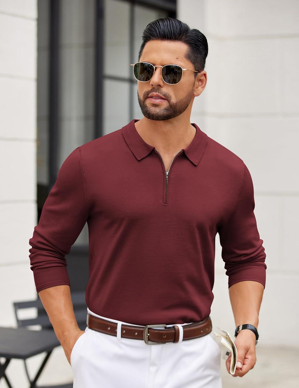 imageCOOFANDY Mens Quarter Zip Polo Sweater Long Sleeve Knit Polo Casual Lightweight Dress PulloverWine Red
