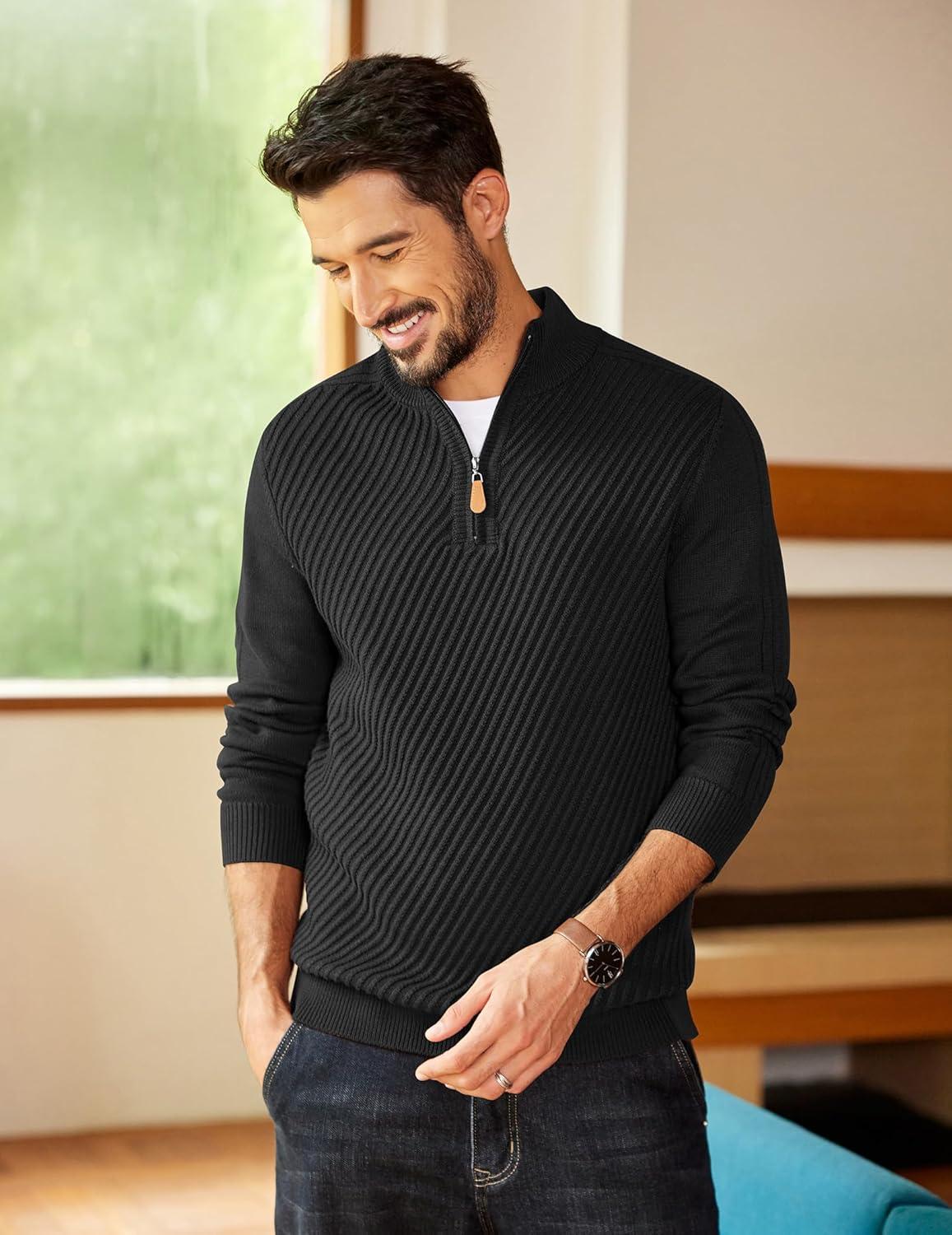 imageCOOFANDY Mens Quarter Zip Sweater Casual Slim Fit Pullovers Sweaters Knit Twill Texture PulloverAll Black