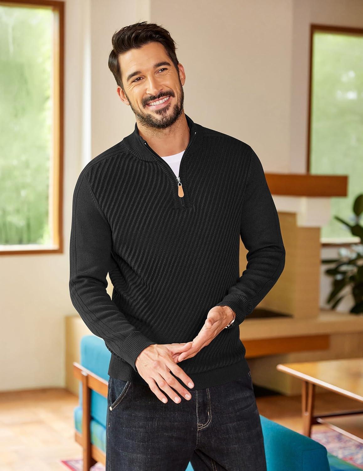 imageCOOFANDY Mens Quarter Zip Sweater Casual Slim Fit Pullovers Sweaters Knit Twill Texture PulloverAll Black