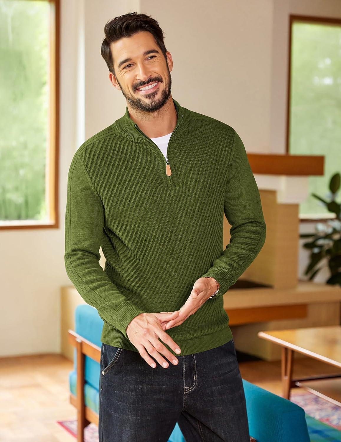 imageCOOFANDY Mens Quarter Zip Sweater Casual Slim Fit Pullovers Sweaters Knit Twill Texture PulloverArmy Green