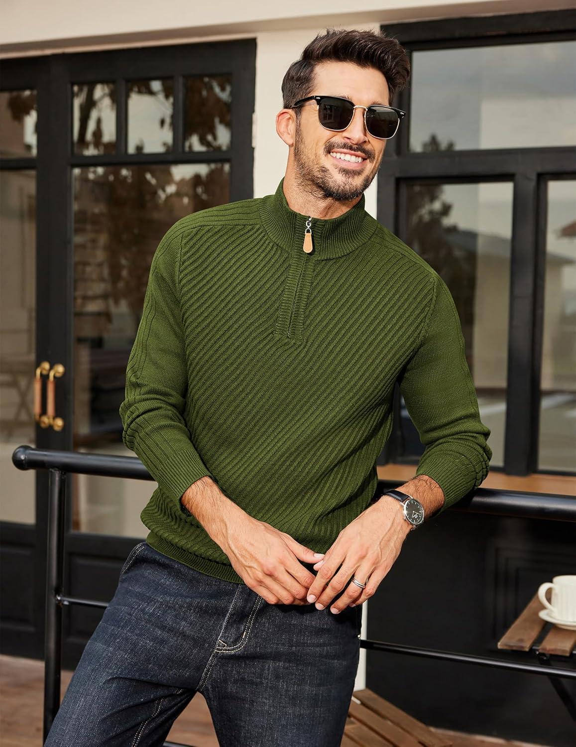 imageCOOFANDY Mens Quarter Zip Sweater Casual Slim Fit Pullovers Sweaters Knit Twill Texture PulloverArmy Green