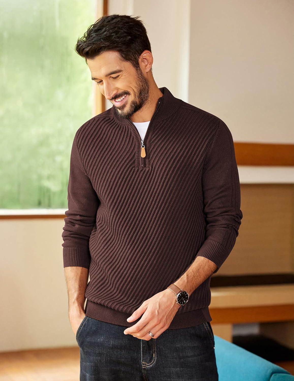 imageCOOFANDY Mens Quarter Zip Sweater Casual Slim Fit Pullovers Sweaters Knit Twill Texture PulloverCoffee