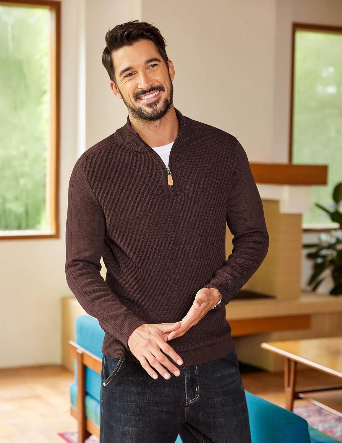 imageCOOFANDY Mens Quarter Zip Sweater Casual Slim Fit Pullovers Sweaters Knit Twill Texture PulloverCoffee
