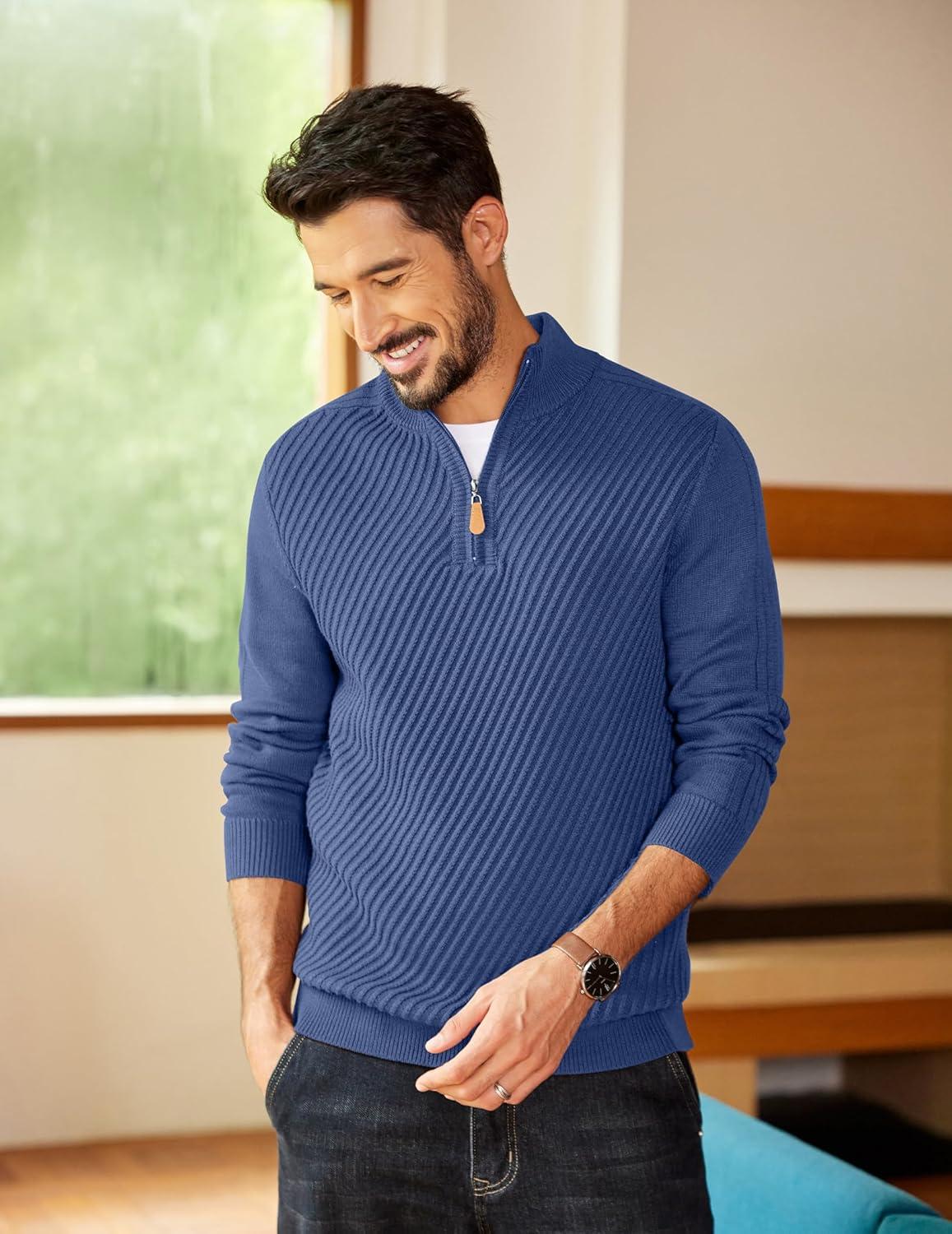 imageCOOFANDY Mens Quarter Zip Sweater Casual Slim Fit Pullovers Sweaters Knit Twill Texture PulloverDenim Blue