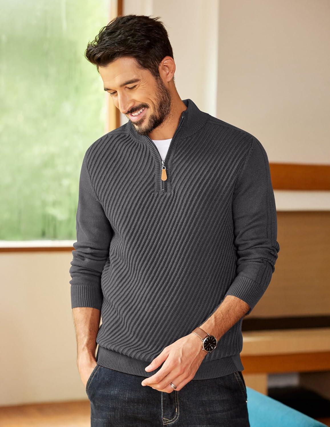 imageCOOFANDY Mens Quarter Zip Sweater Casual Slim Fit Pullovers Sweaters Knit Twill Texture PulloverDrak Grey