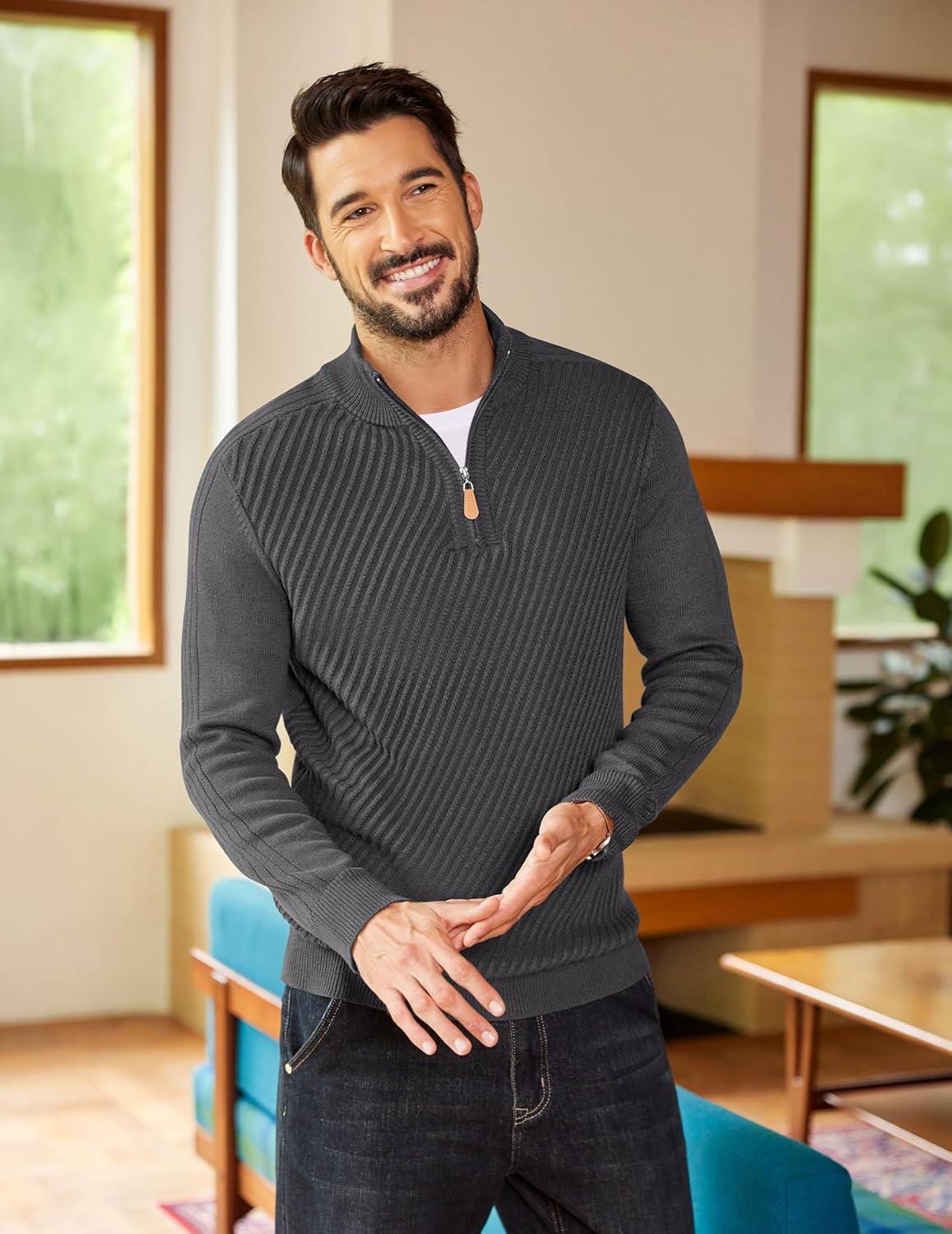 imageCOOFANDY Mens Quarter Zip Sweater Casual Slim Fit Pullovers Sweaters Knit Twill Texture PulloverDrak Grey