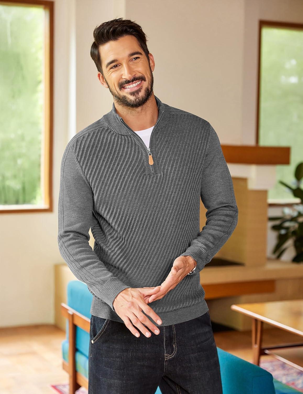 imageCOOFANDY Mens Quarter Zip Sweater Casual Slim Fit Pullovers Sweaters Knit Twill Texture PulloverGray