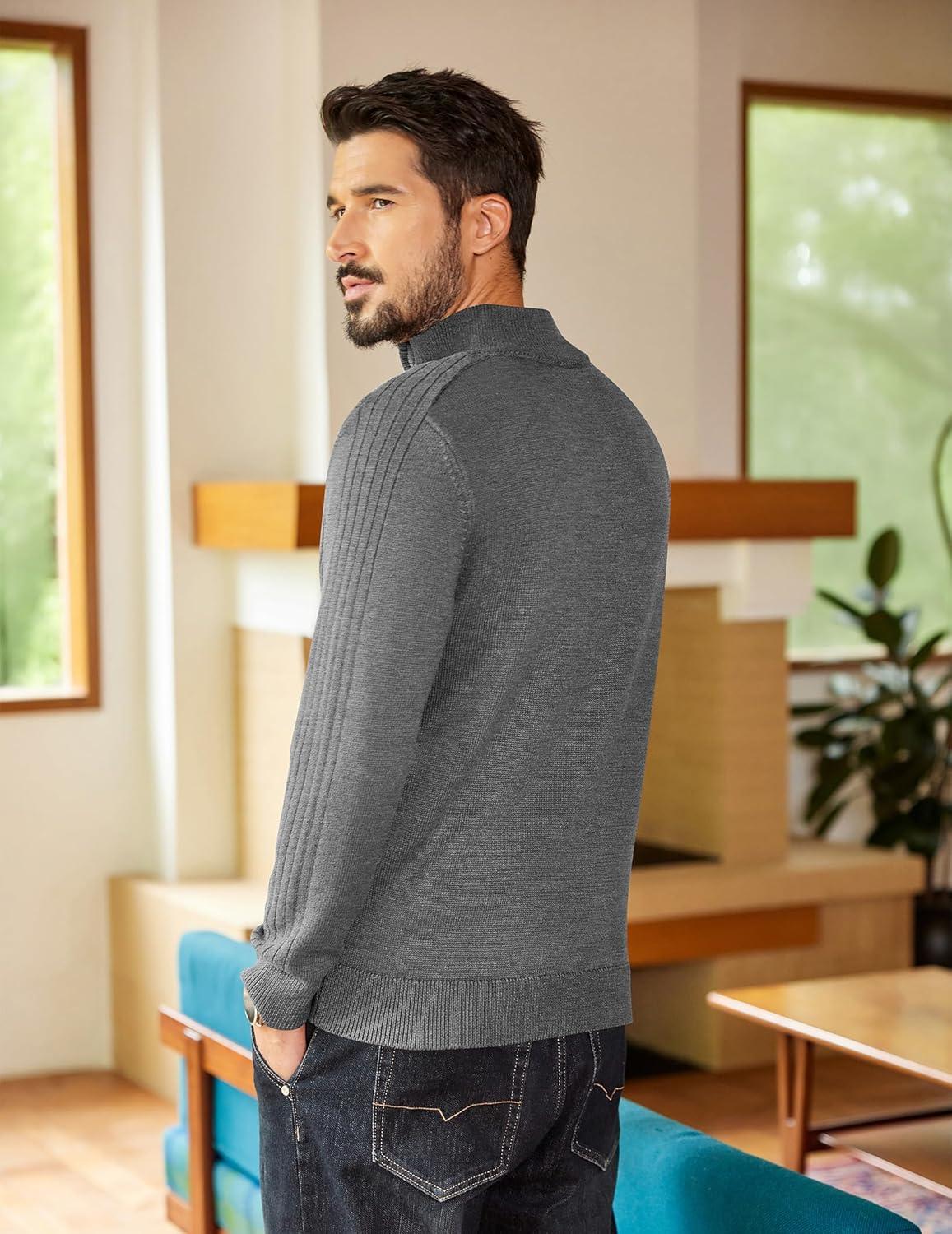 imageCOOFANDY Mens Quarter Zip Sweater Casual Slim Fit Pullovers Sweaters Knit Twill Texture PulloverGray