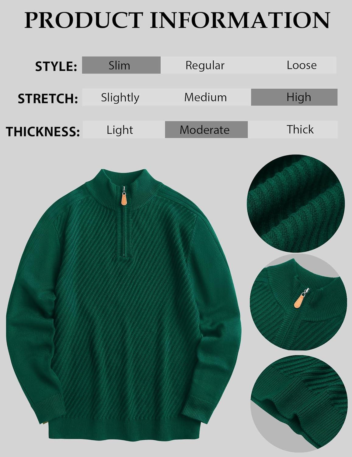imageCOOFANDY Mens Quarter Zip Sweater Casual Slim Fit Pullovers Sweaters Knit Twill Texture PulloverGreen