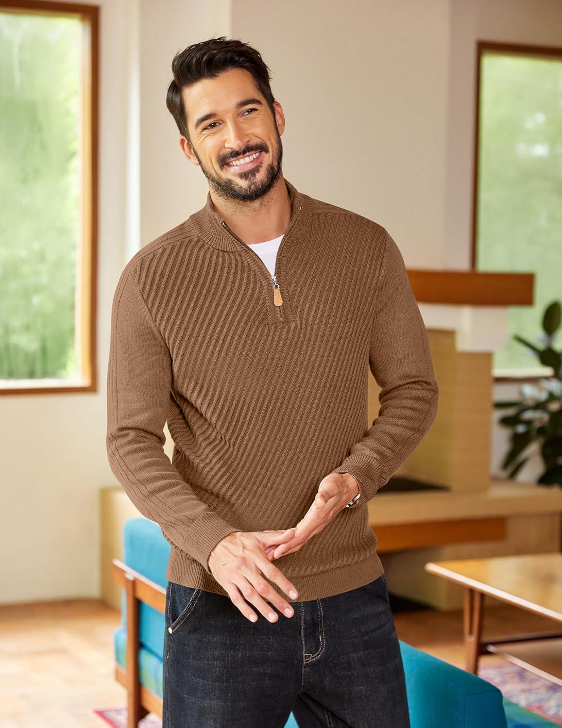 imageCOOFANDY Mens Quarter Zip Sweater Casual Slim Fit Pullovers Sweaters Knit Twill Texture PulloverLight Brown