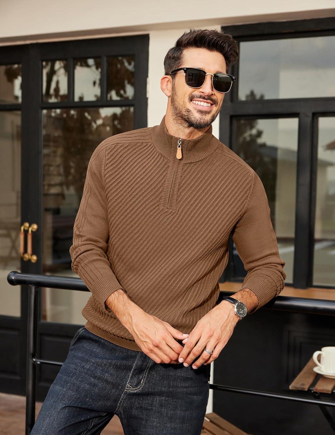 imageCOOFANDY Mens Quarter Zip Sweater Casual Slim Fit Pullovers Sweaters Knit Twill Texture PulloverLight Brown