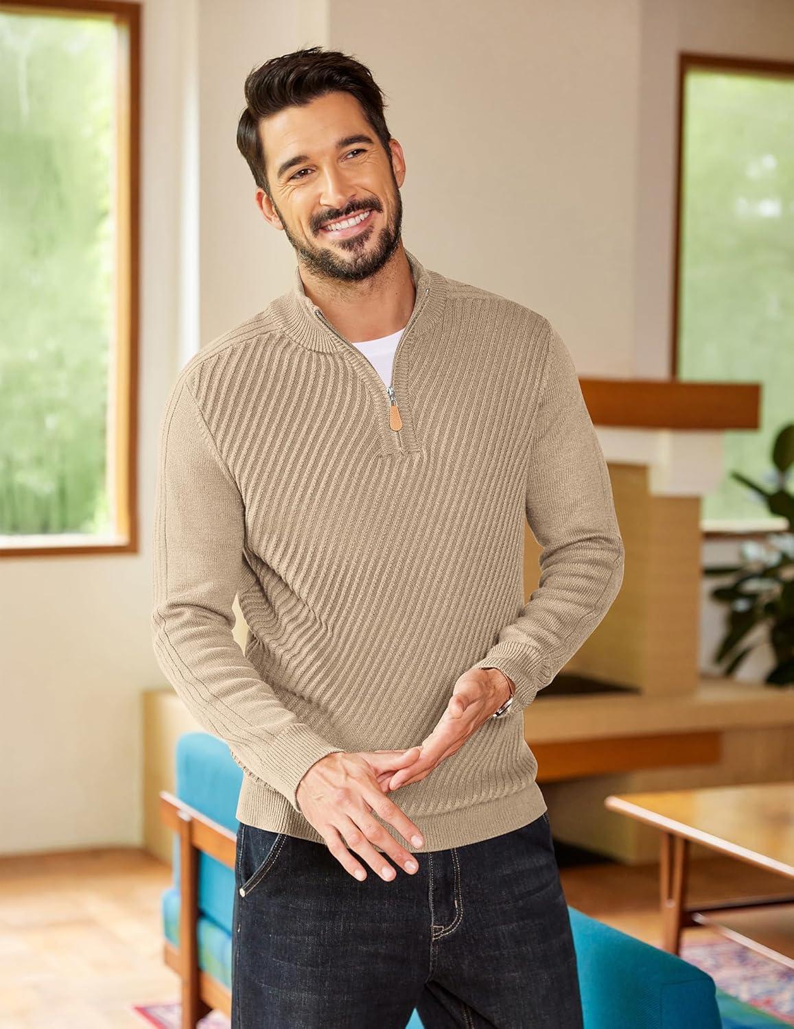 imageCOOFANDY Mens Quarter Zip Sweater Casual Slim Fit Pullovers Sweaters Knit Twill Texture PulloverLight Khaki