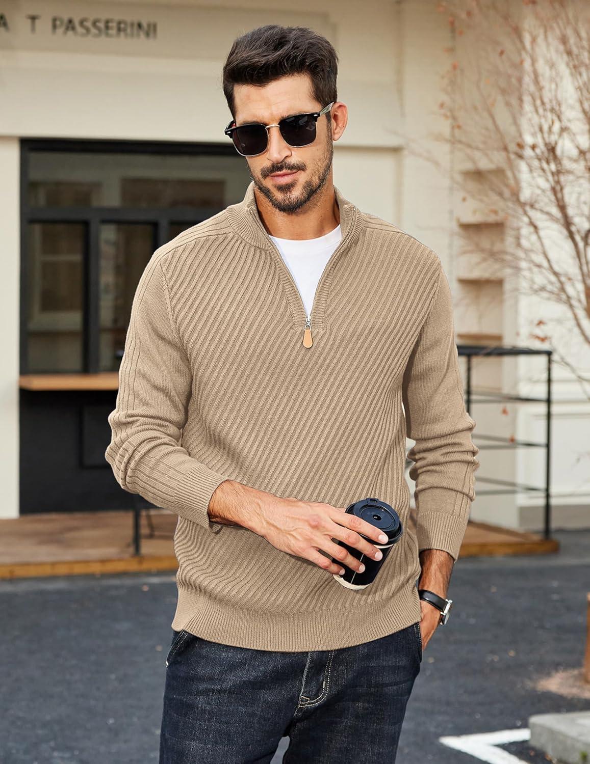 imageCOOFANDY Mens Quarter Zip Sweater Casual Slim Fit Pullovers Sweaters Knit Twill Texture PulloverLight Khaki