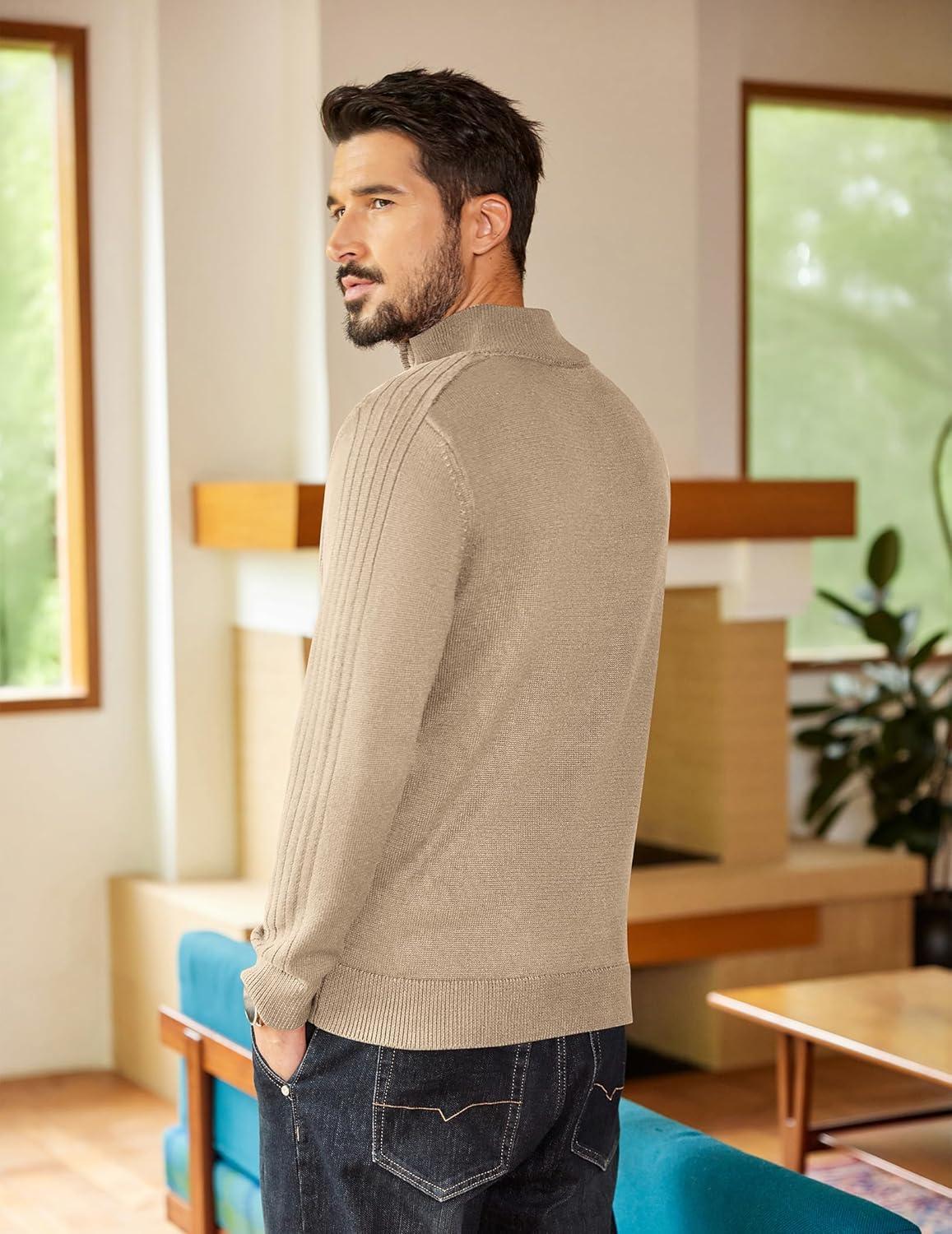 imageCOOFANDY Mens Quarter Zip Sweater Casual Slim Fit Pullovers Sweaters Knit Twill Texture PulloverLight Khaki