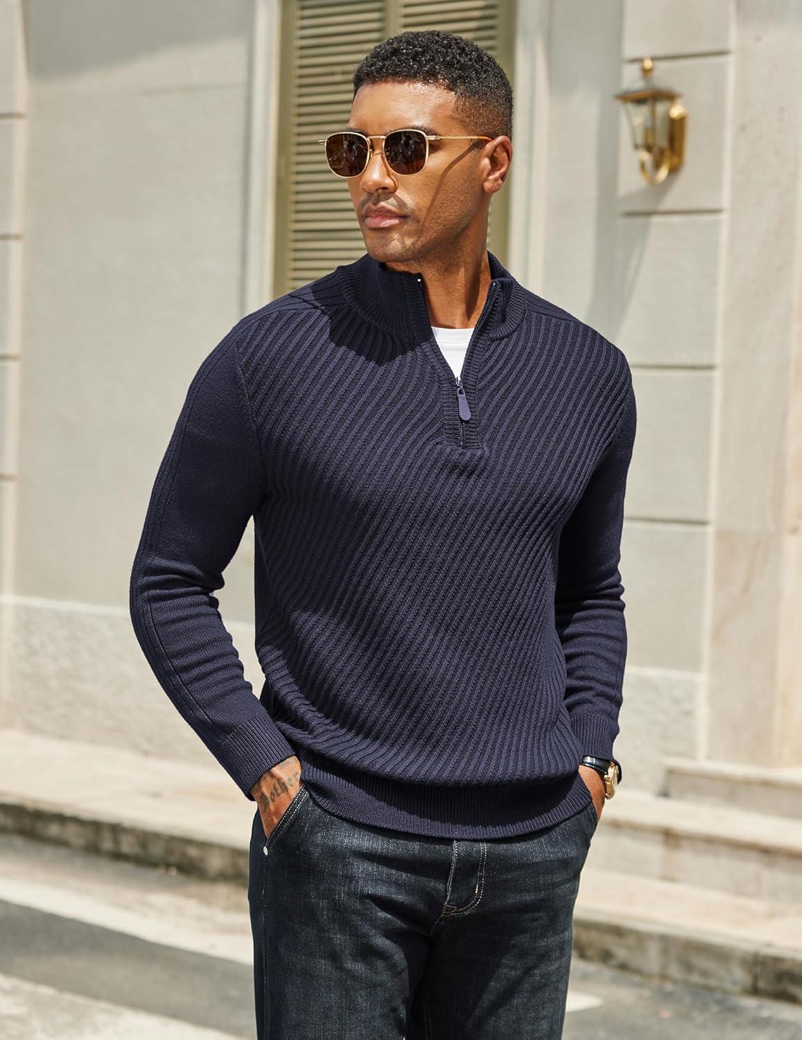 imageCOOFANDY Mens Quarter Zip Sweater Casual Slim Fit Pullovers Sweaters Knit Twill Texture PulloverNavy Blue