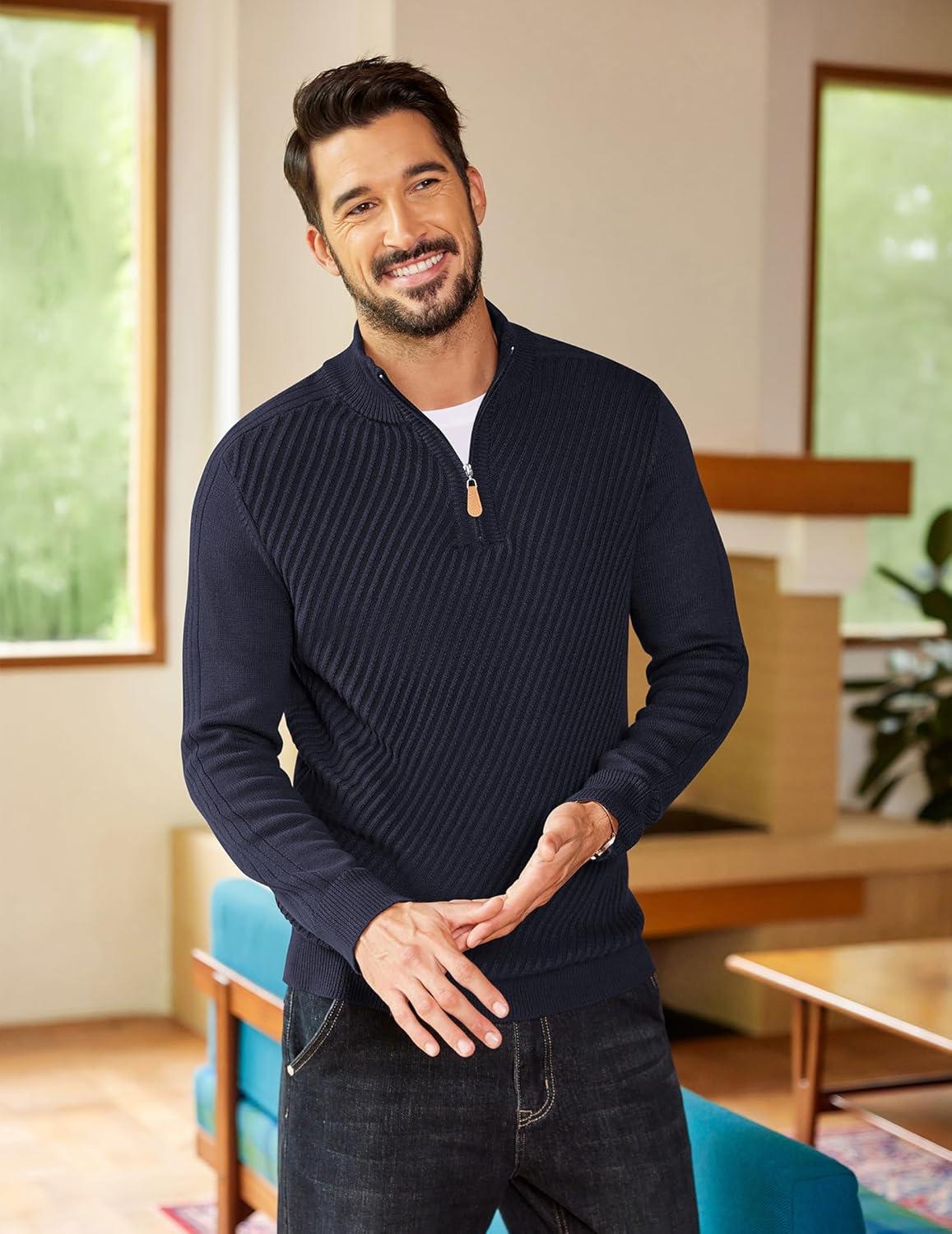 imageCOOFANDY Mens Quarter Zip Sweater Casual Slim Fit Pullovers Sweaters Knit Twill Texture PulloverNavy Blue
