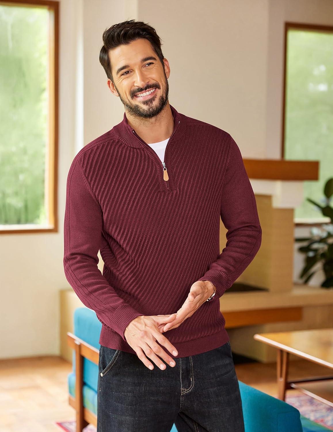 imageCOOFANDY Mens Quarter Zip Sweater Casual Slim Fit Pullovers Sweaters Knit Twill Texture PulloverRed