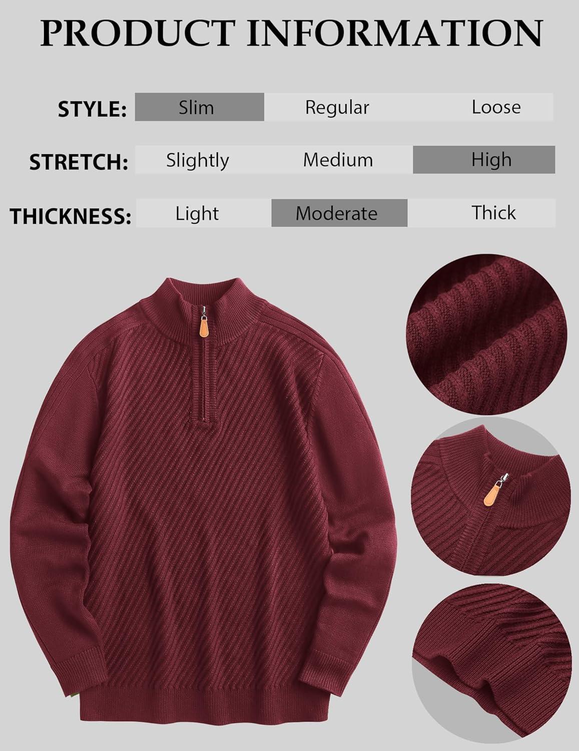 imageCOOFANDY Mens Quarter Zip Sweater Casual Slim Fit Pullovers Sweaters Knit Twill Texture PulloverRed