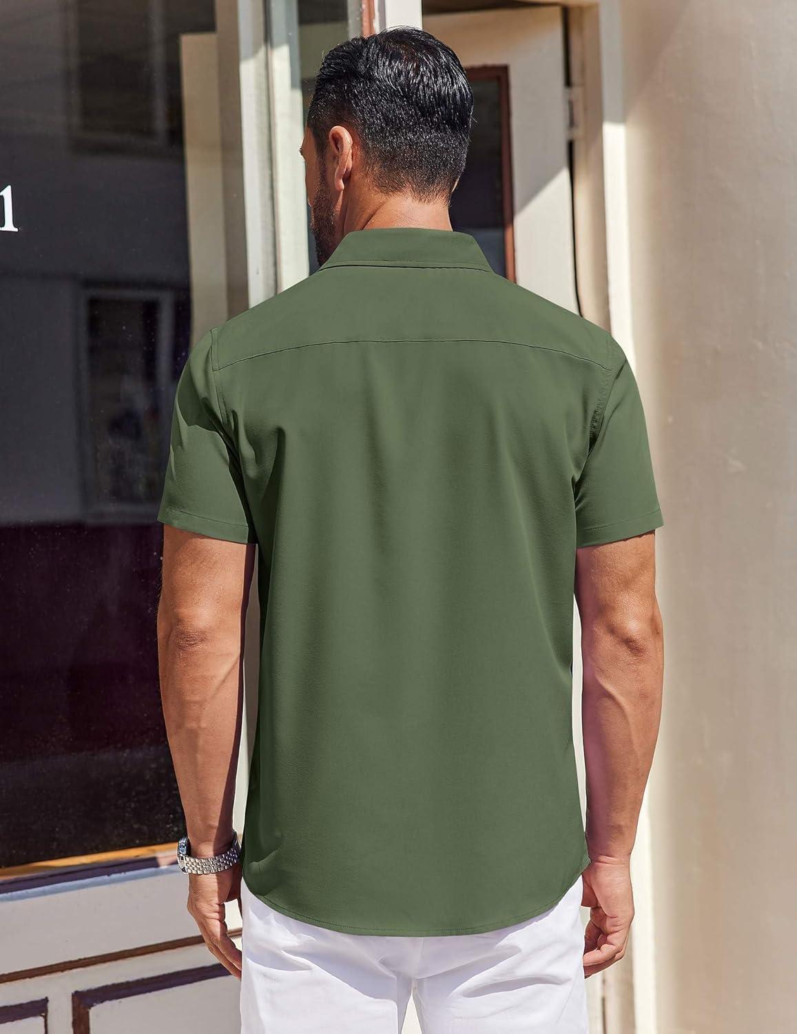 imageCOOFANDY Mens Short Sleeve Dress Shirts Button Down Shirts Regular Fit Business Casual Shirt with PocketArmy Green