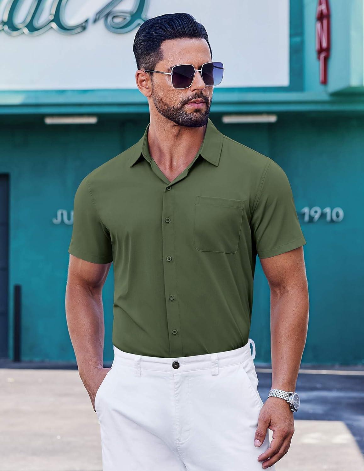 imageCOOFANDY Mens Short Sleeve Dress Shirts Button Down Shirts Regular Fit Business Casual Shirt with PocketArmy Green