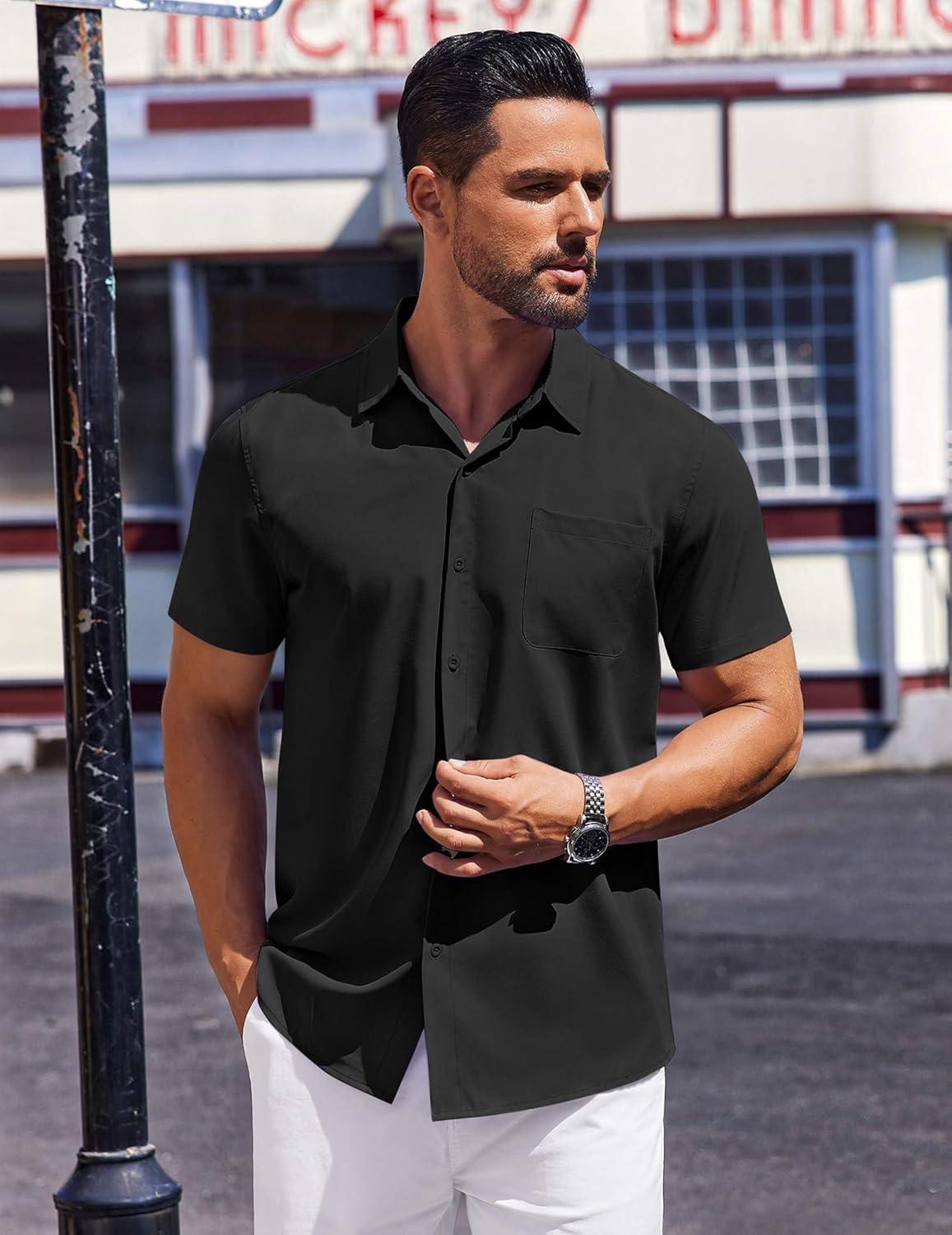 imageCOOFANDY Mens Short Sleeve Dress Shirts Button Down Shirts Regular Fit Business Casual Shirt with PocketBlack