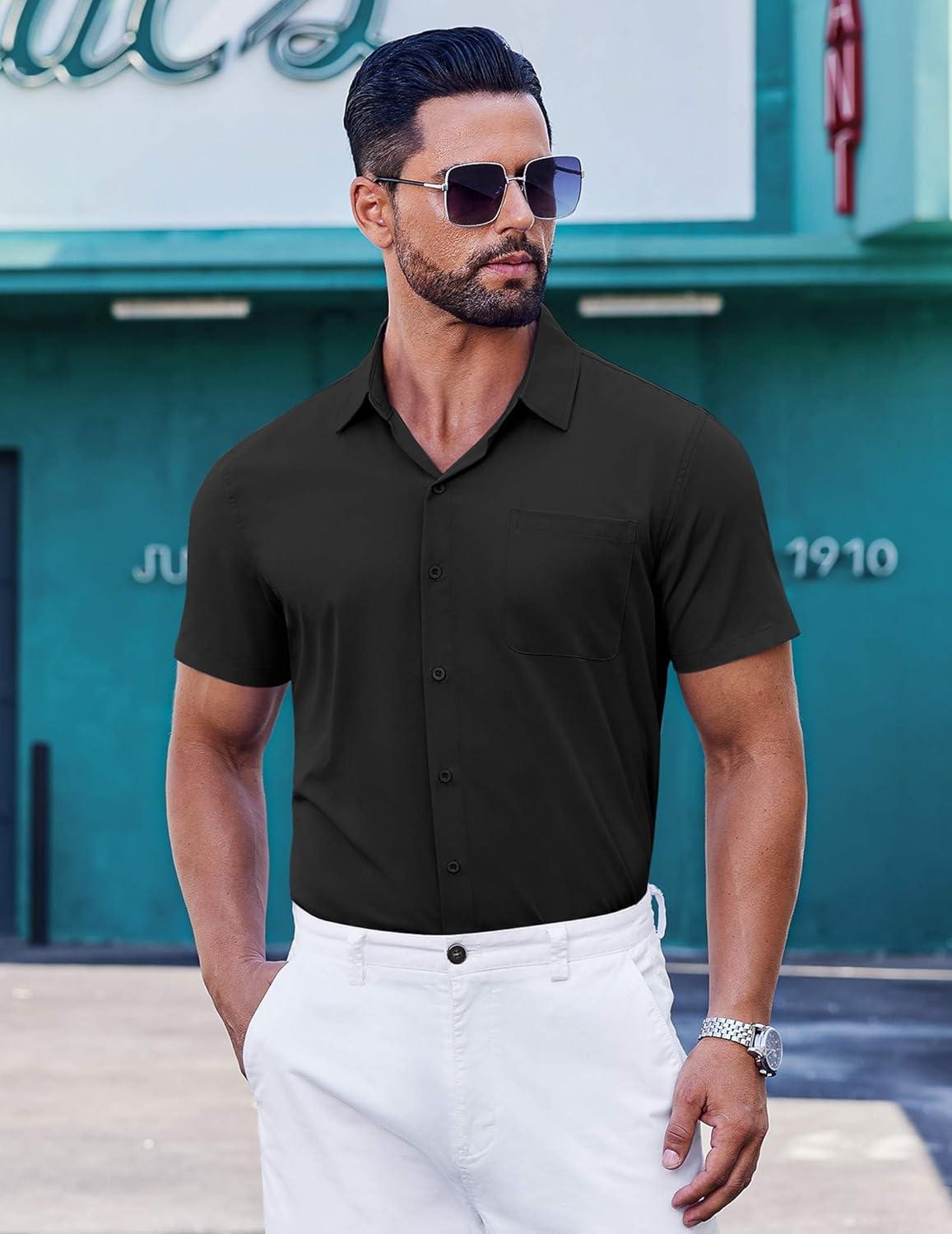 imageCOOFANDY Mens Short Sleeve Dress Shirts Button Down Shirts Regular Fit Business Casual Shirt with PocketBlack
