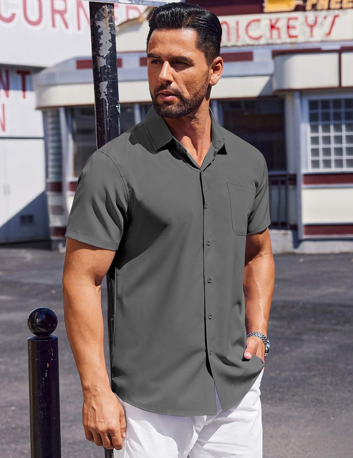 imageCOOFANDY Mens Short Sleeve Dress Shirts Button Down Shirts Regular Fit Business Casual Shirt with PocketDark Grey