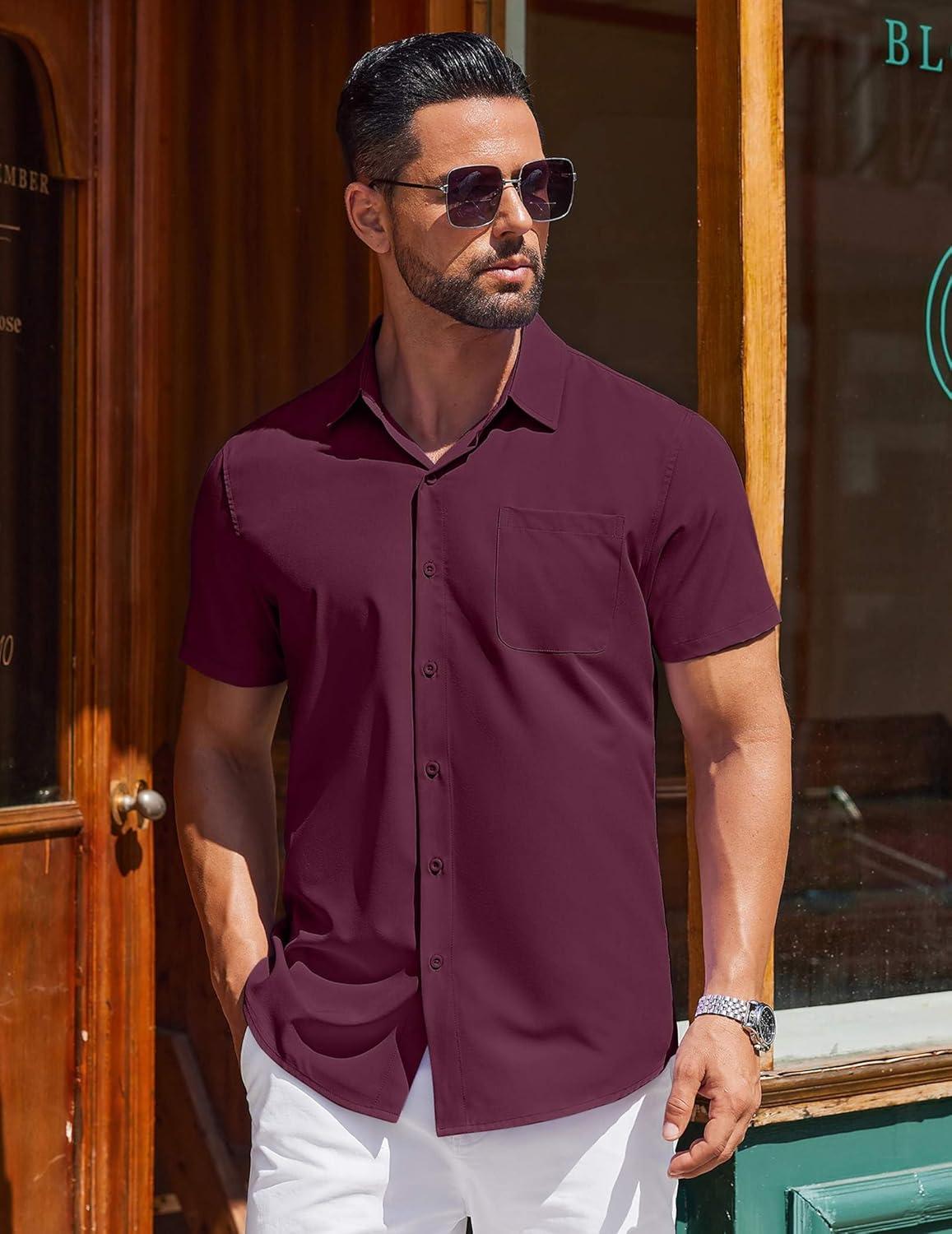 imageCOOFANDY Mens Short Sleeve Dress Shirts Button Down Shirts Regular Fit Business Casual Shirt with PocketDark Red