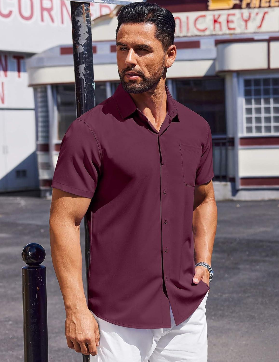 imageCOOFANDY Mens Short Sleeve Dress Shirts Button Down Shirts Regular Fit Business Casual Shirt with PocketDark Red