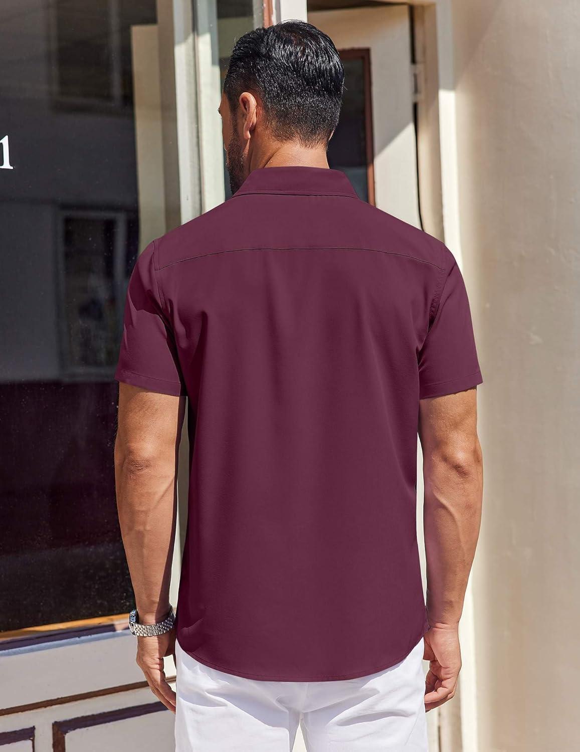 imageCOOFANDY Mens Short Sleeve Dress Shirts Button Down Shirts Regular Fit Business Casual Shirt with PocketDark Red