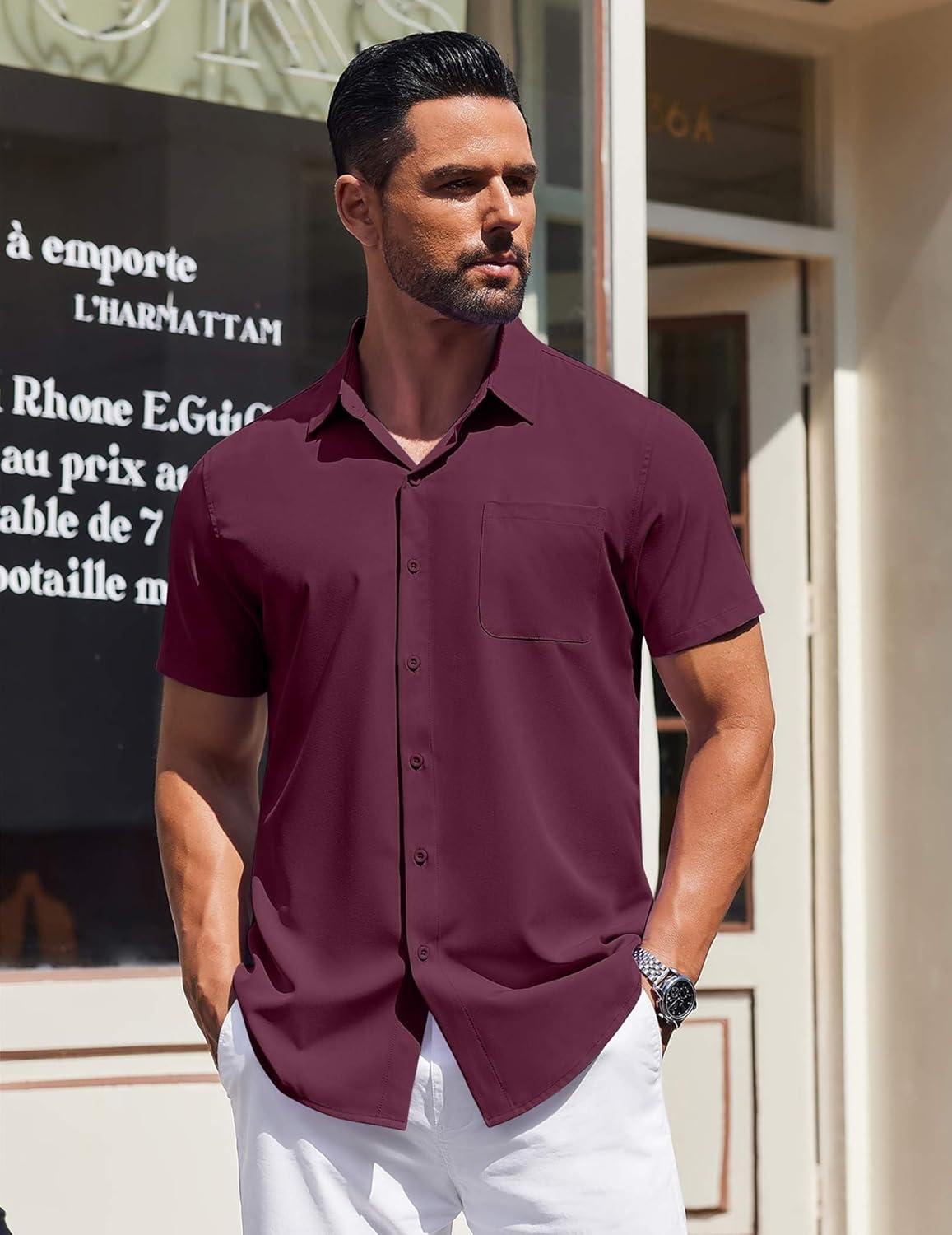 imageCOOFANDY Mens Short Sleeve Dress Shirts Button Down Shirts Regular Fit Business Casual Shirt with PocketDark Red