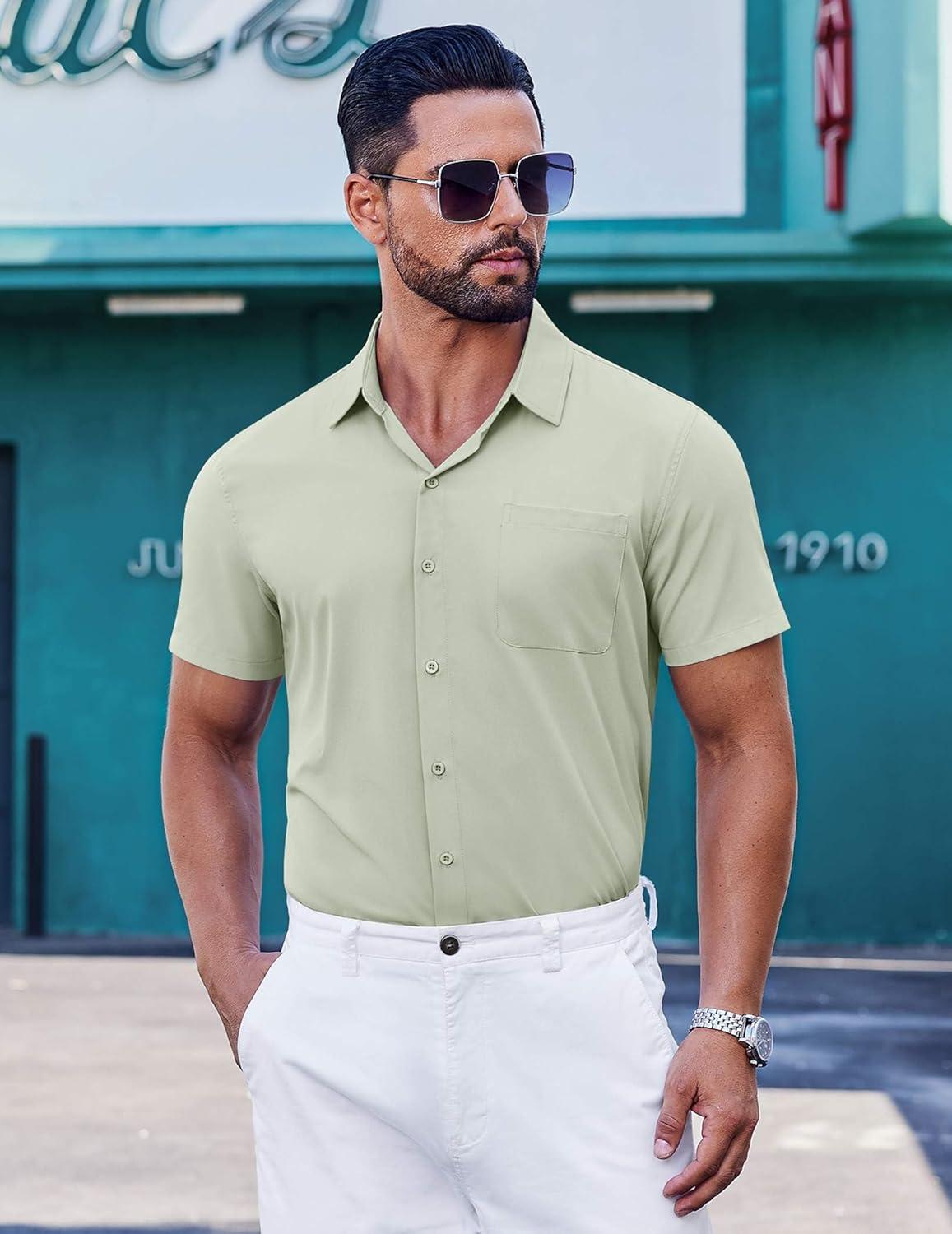 imageCOOFANDY Mens Short Sleeve Dress Shirts Button Down Shirts Regular Fit Business Casual Shirt with PocketLight Green
