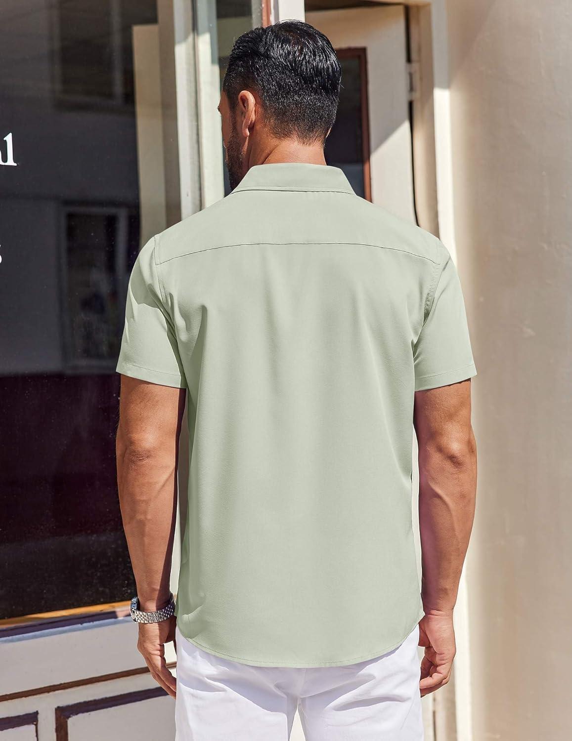 imageCOOFANDY Mens Short Sleeve Dress Shirts Button Down Shirts Regular Fit Business Casual Shirt with PocketLight Green