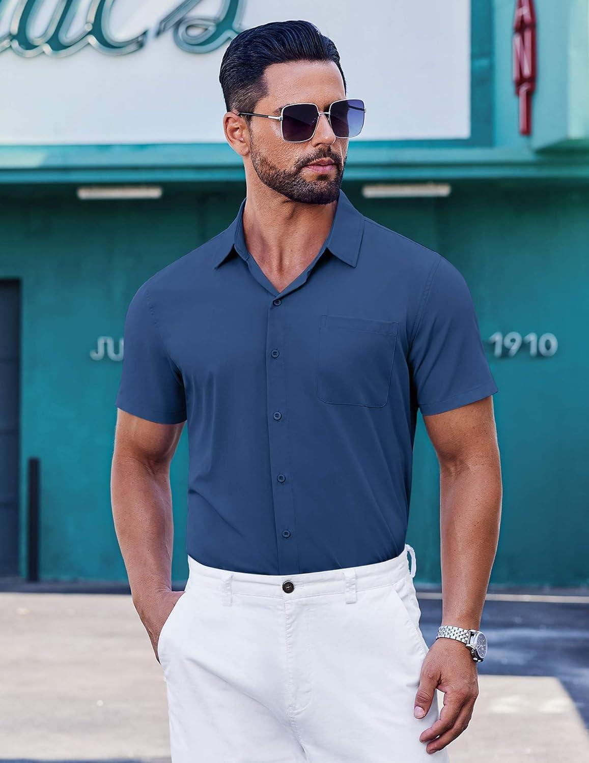 imageCOOFANDY Mens Short Sleeve Dress Shirts Button Down Shirts Regular Fit Business Casual Shirt with PocketNavy